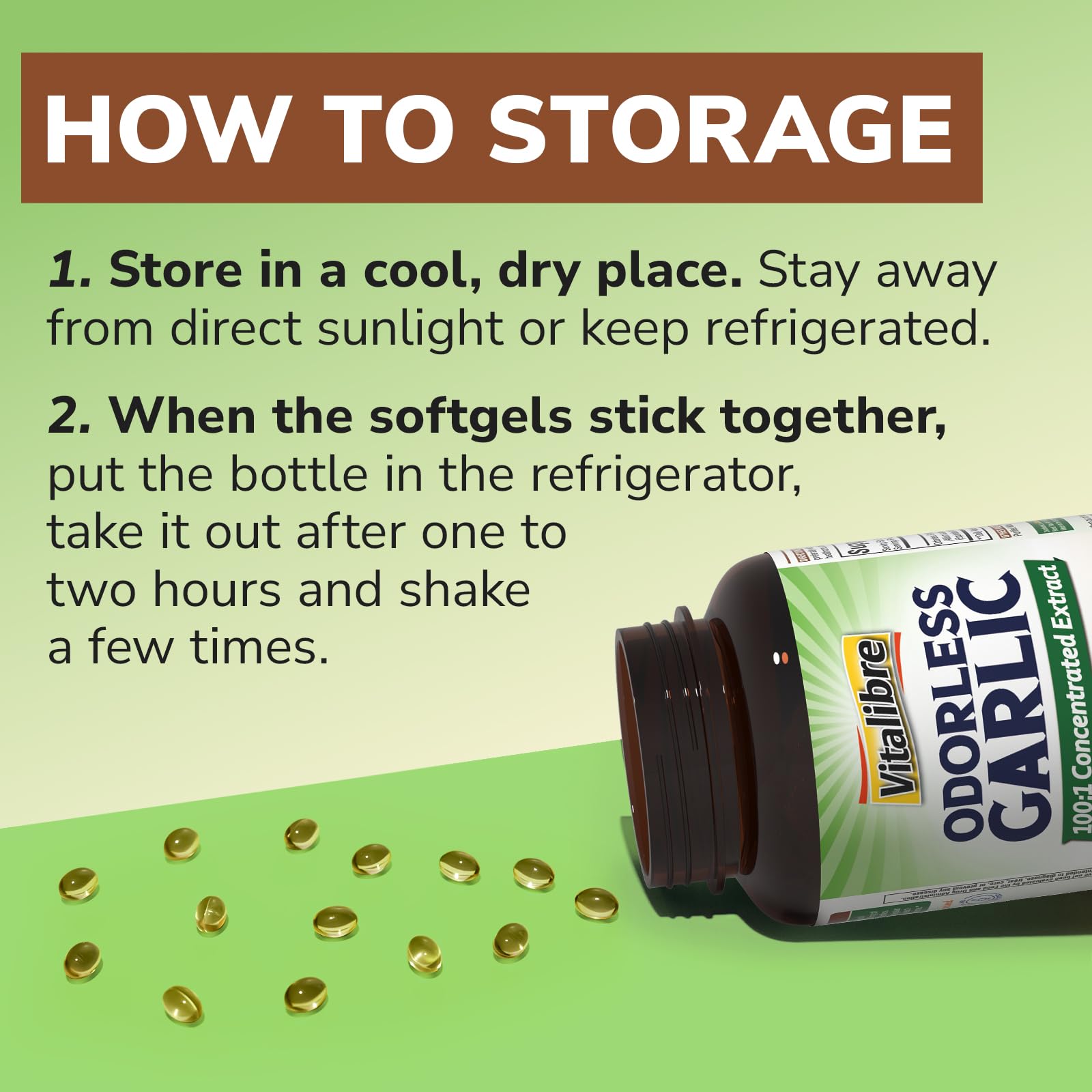 Vitalibre Odorless Garlic bottle top view highlights convenient two-per-day dosing.