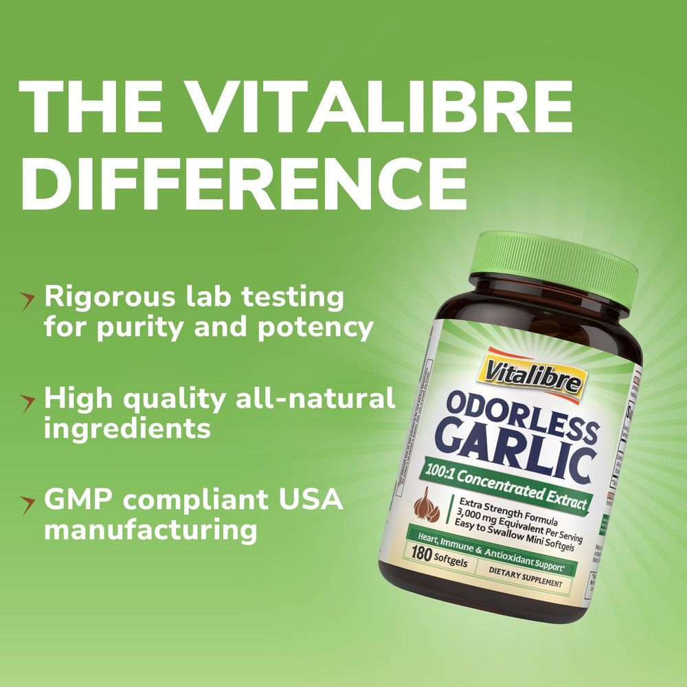 Vitalibre Odorless Garlic packaging emphasizes recyclable materials and natural formula.