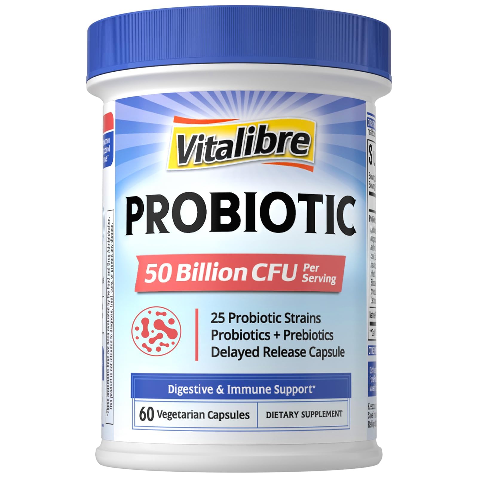 Vitalibre Probiotic bottle shows 50B CFU for daily gut balance.