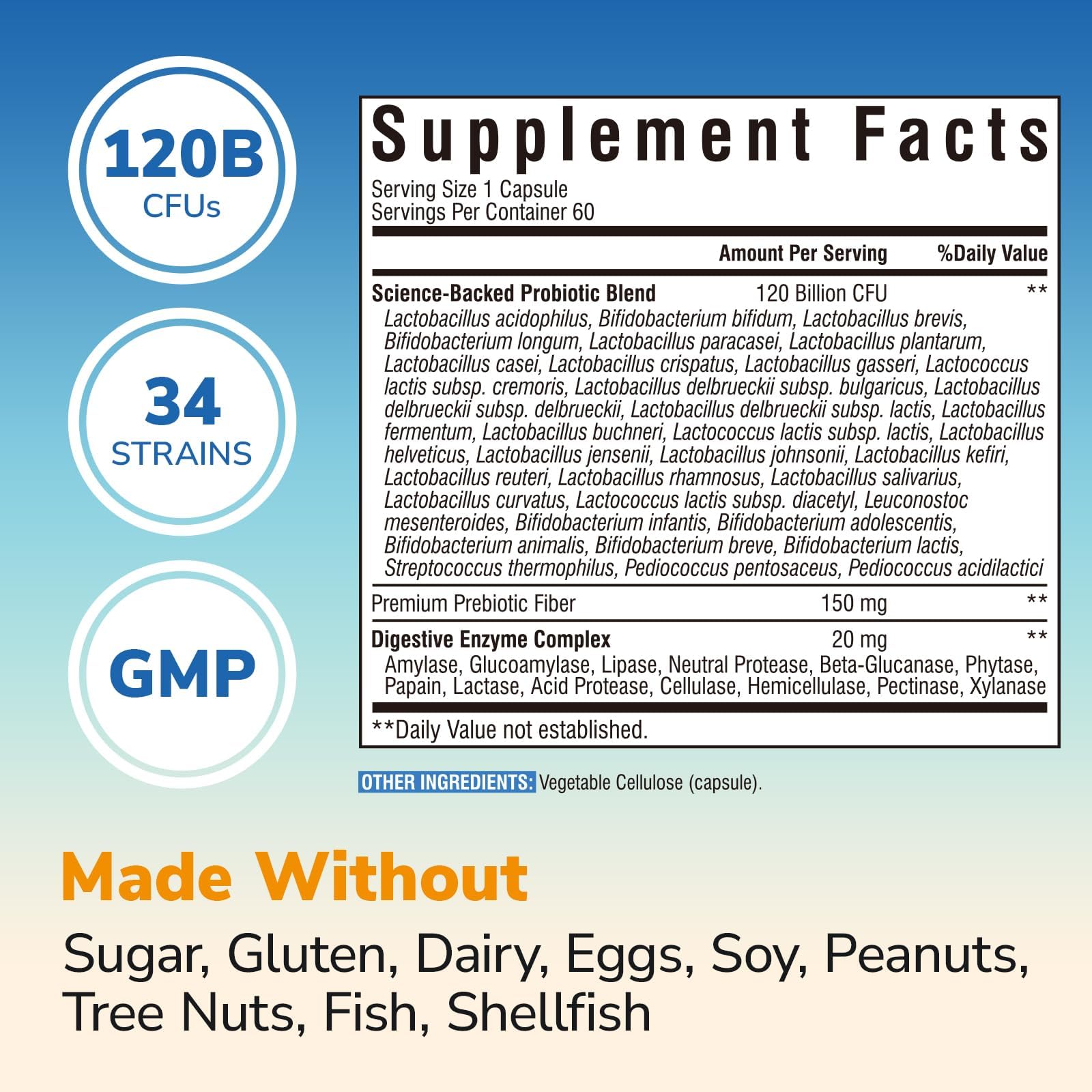 Vitalibre Probiotics bottle back label highlights 34 strains and gluten-free formula