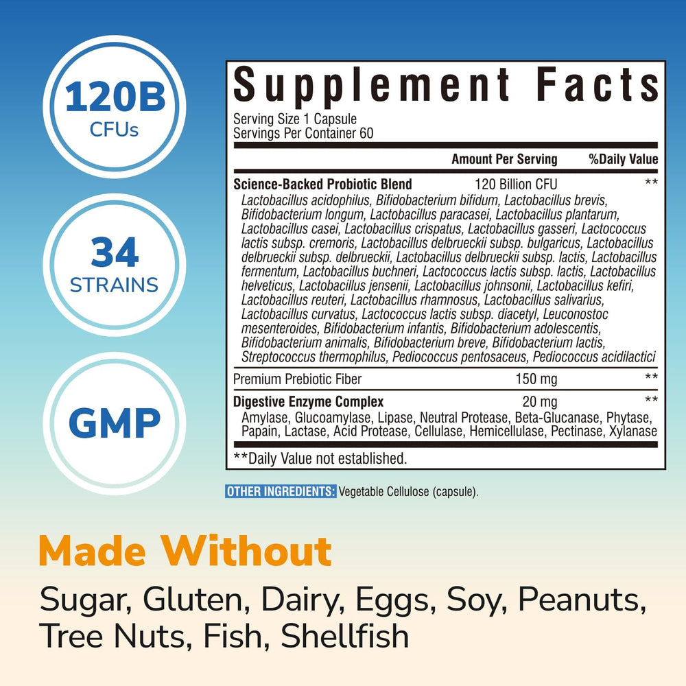 Vitalibre Probiotics bottle back label highlights 34 strains and gluten-free formula