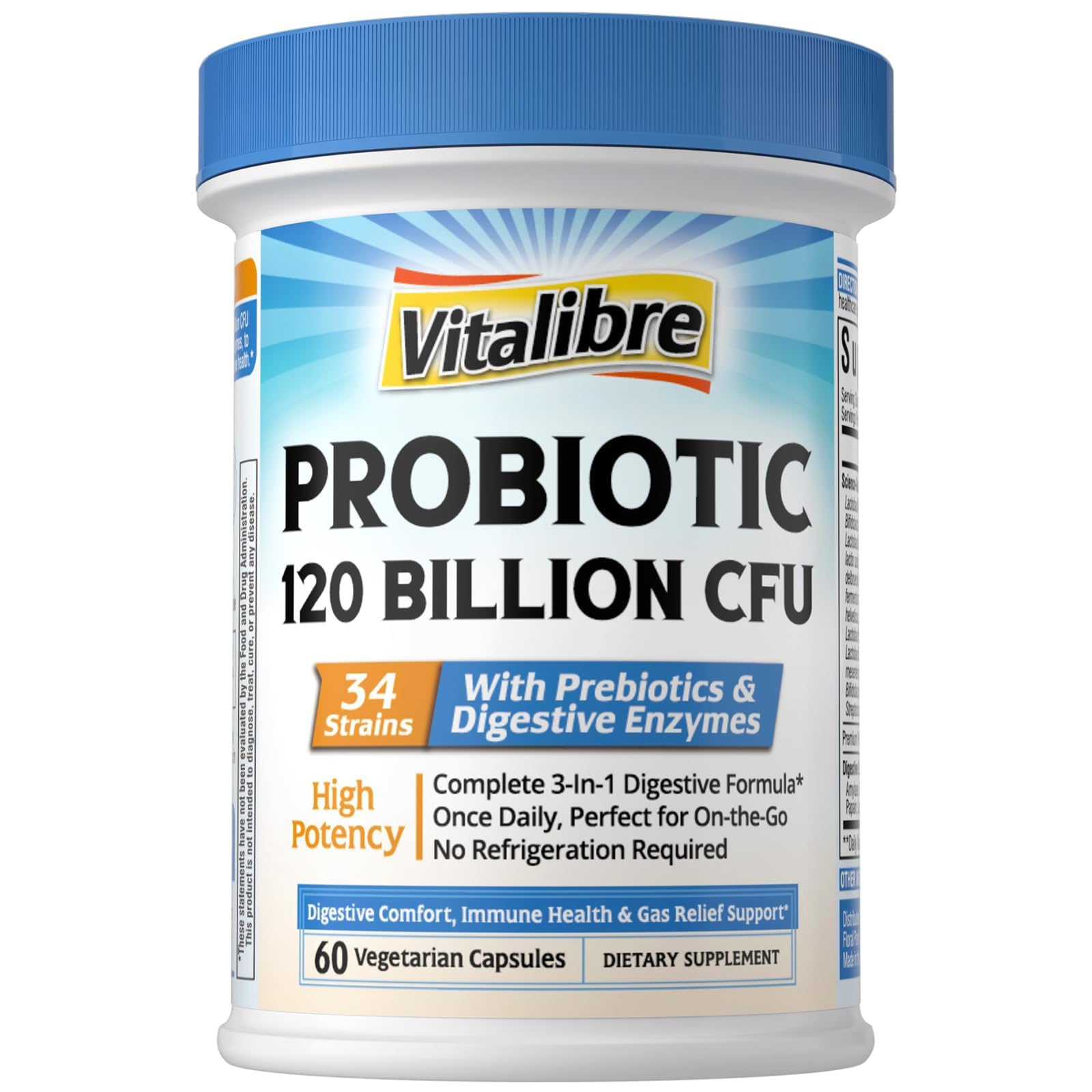 Vitalibre Probiotics bottle front shows 120B CFU for daily gut support