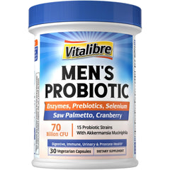 Vitalibre Probiotics for Men 70B CFU bottle promotes gut health and steady energy.