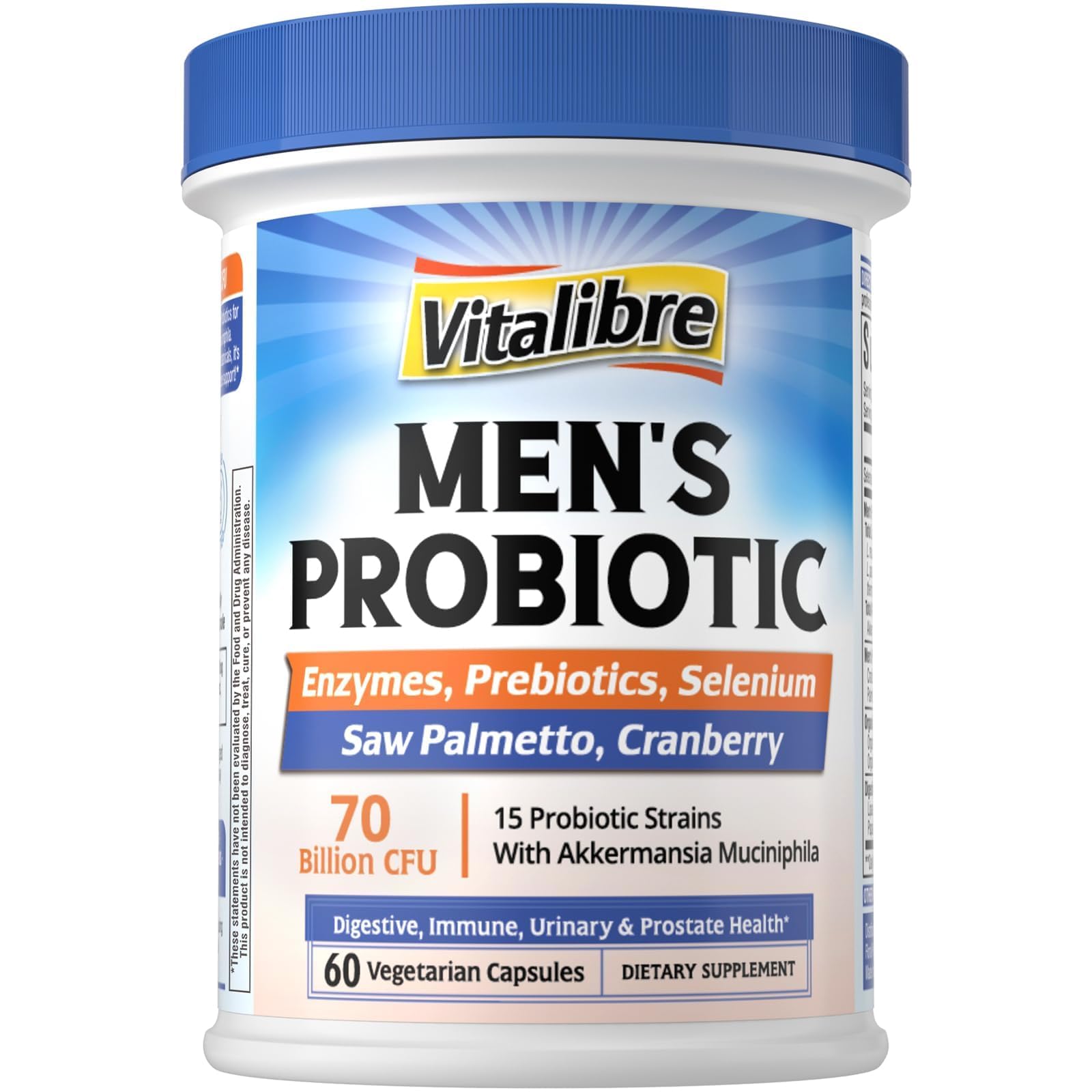 Vitalibre Probiotics for Men bottle front promotes daily digestive support.