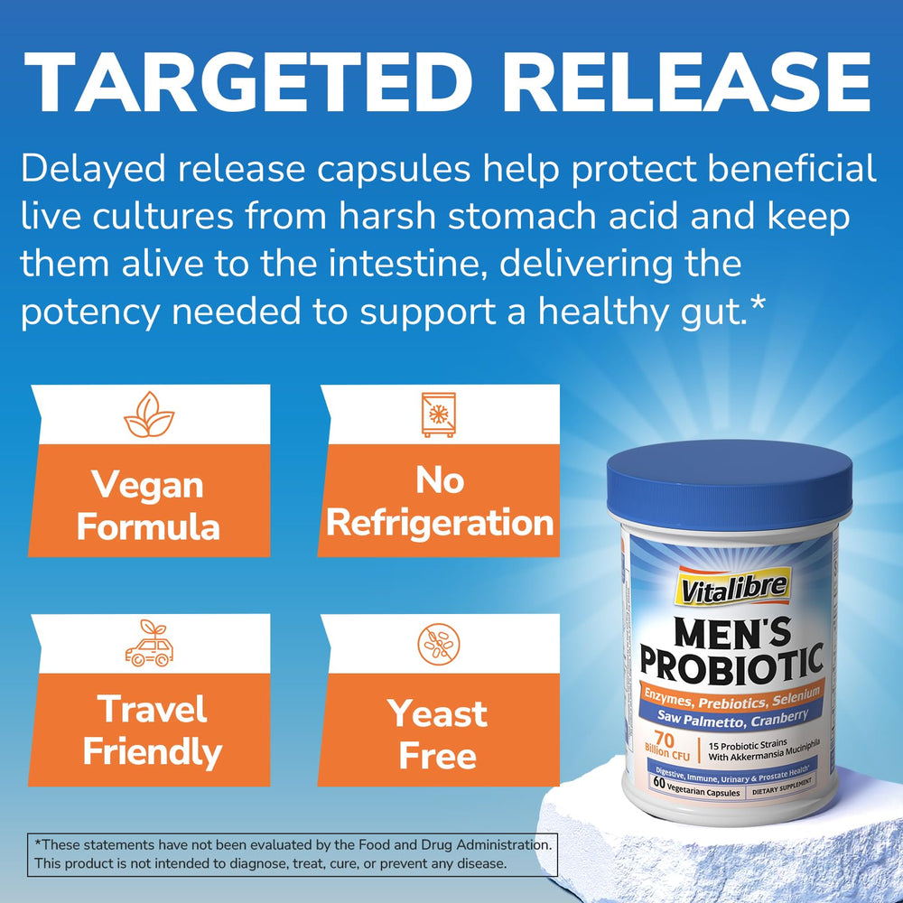 Vitalibre Probiotics for Men Enzyme Blend label highlights digestive efficiency.