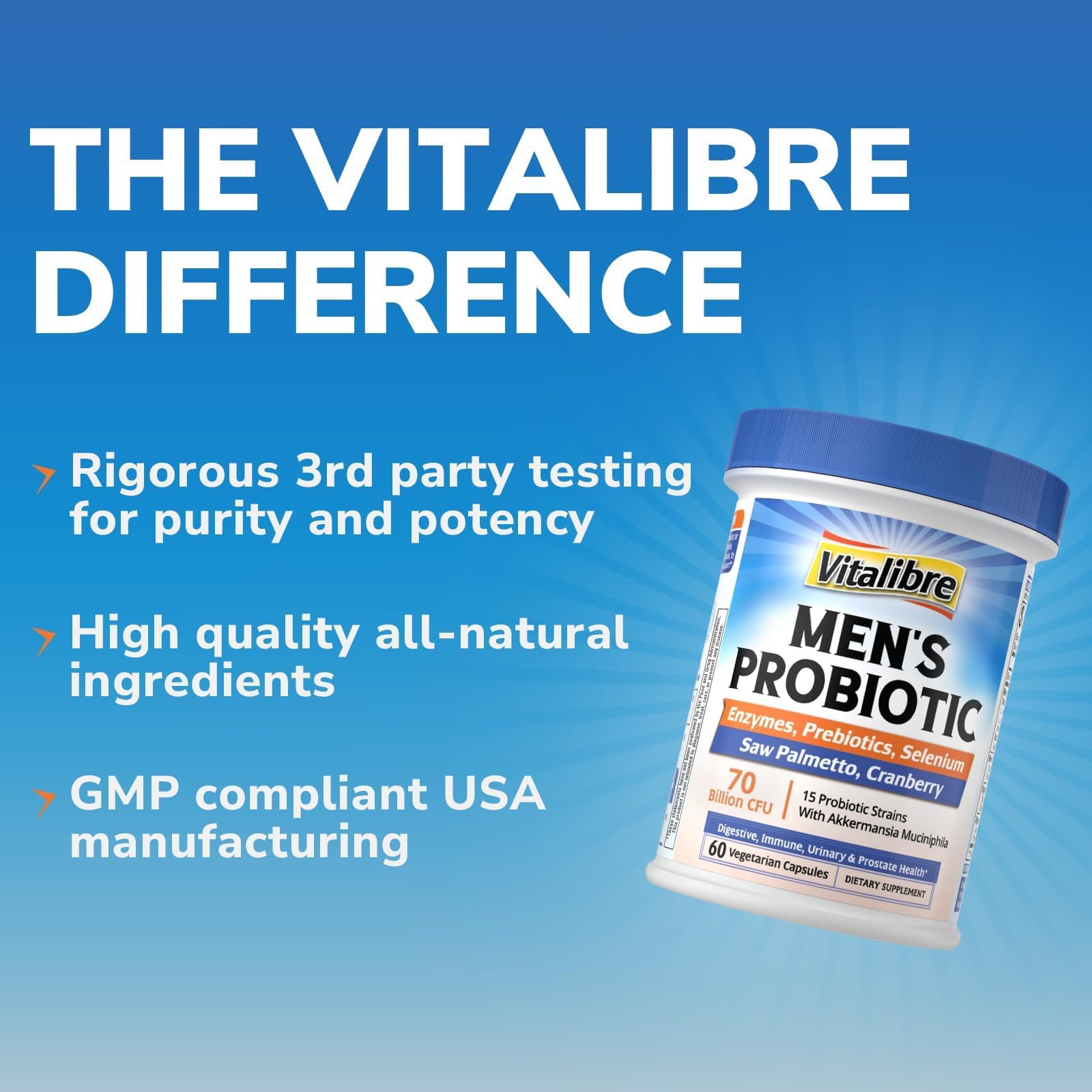 Vitalibre Probiotics for Men shelf-stable packaging suitable for travel.