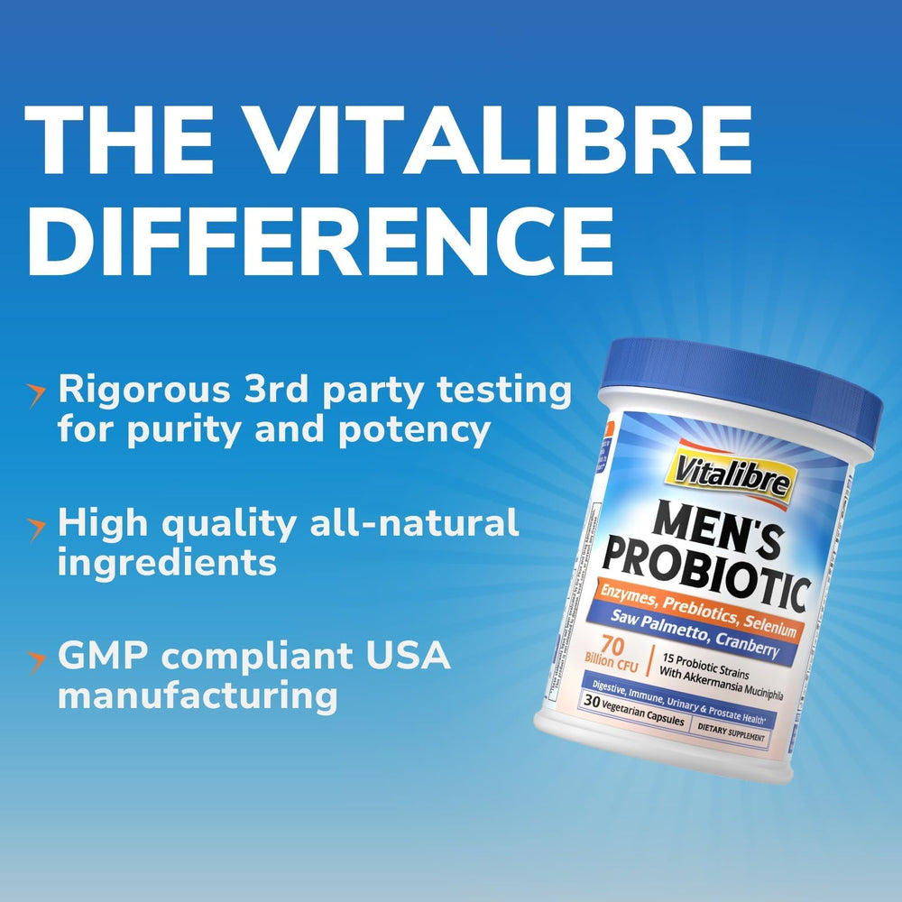 Vitalibre Probiotics for Men Vegan capsules closeup easy swallow.