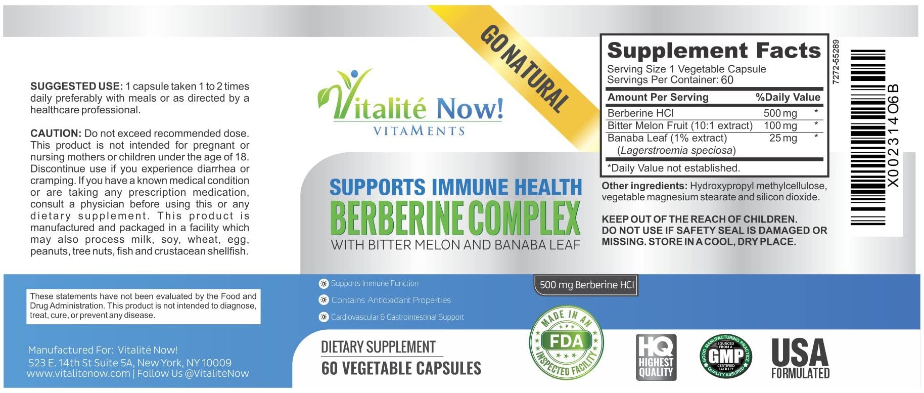 Vitalite Now bottle label close-up conveys GMP quality and non-GMO ingredients.