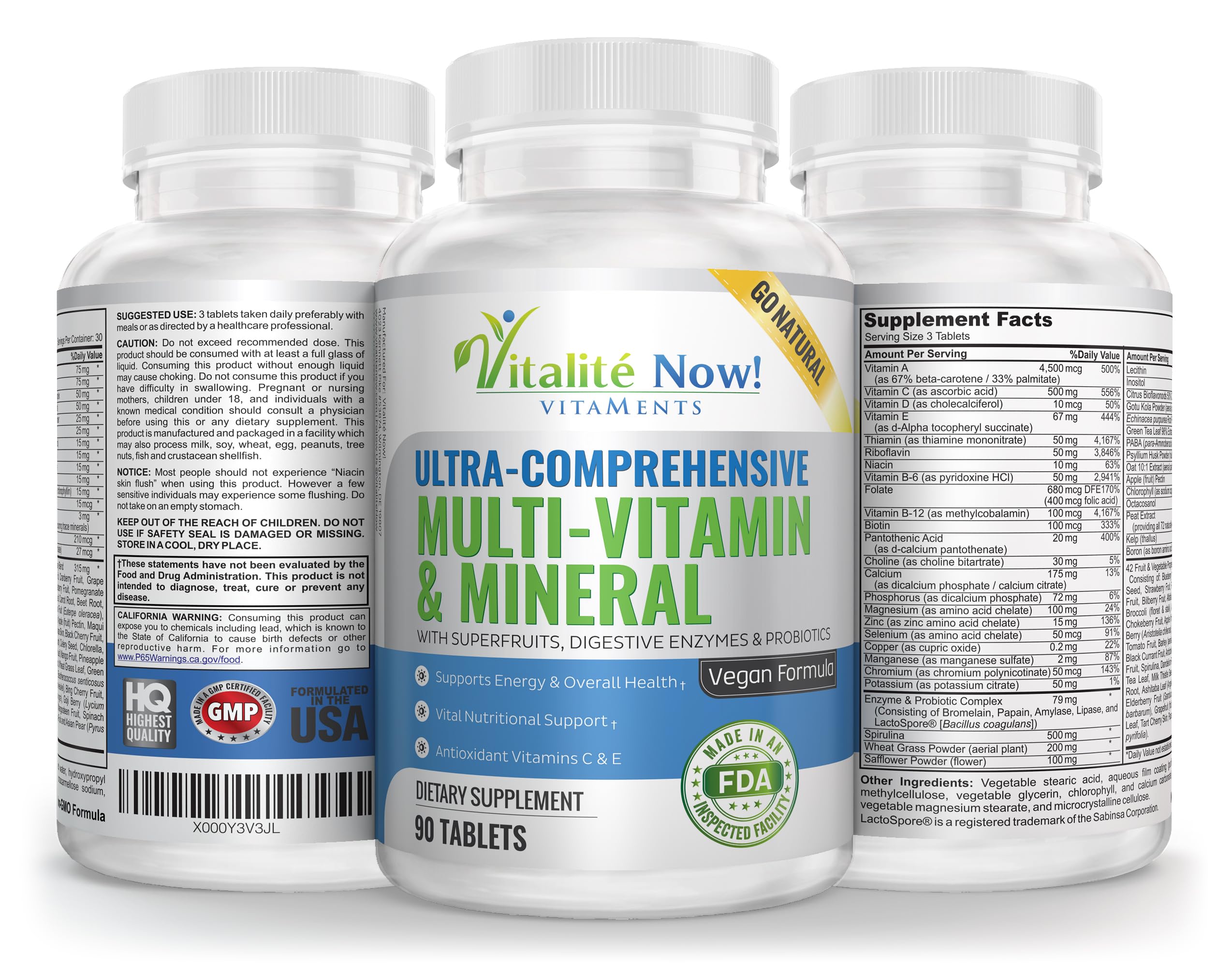 Vitalité Now bottle with label close-up emphasizing clean, non-GMO sourcing and USA production.