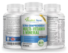 Vitalité Now bottle with label close-up emphasizing clean, non-GMO sourcing and USA production.