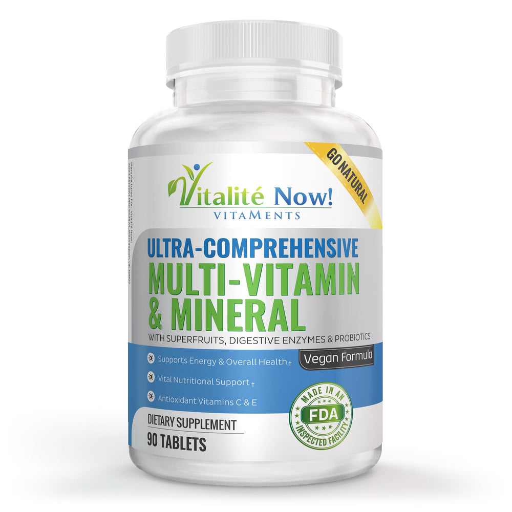 Vitalité Now vegan multivitamin bottle front highlighting complete daily nutrition and vitality support.