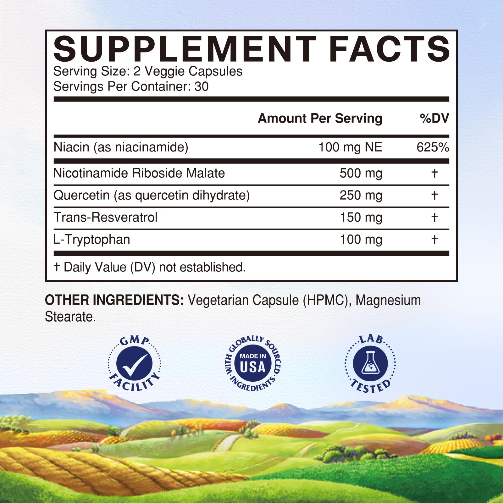 Vitalitown NAD+ label closeup underscores NR and antioxidant blend for cellular vitality