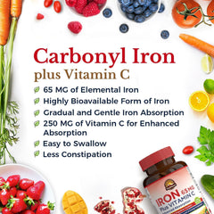 Vitalitown bottle highlights 65 mg carbonyl iron for healthy iron levels