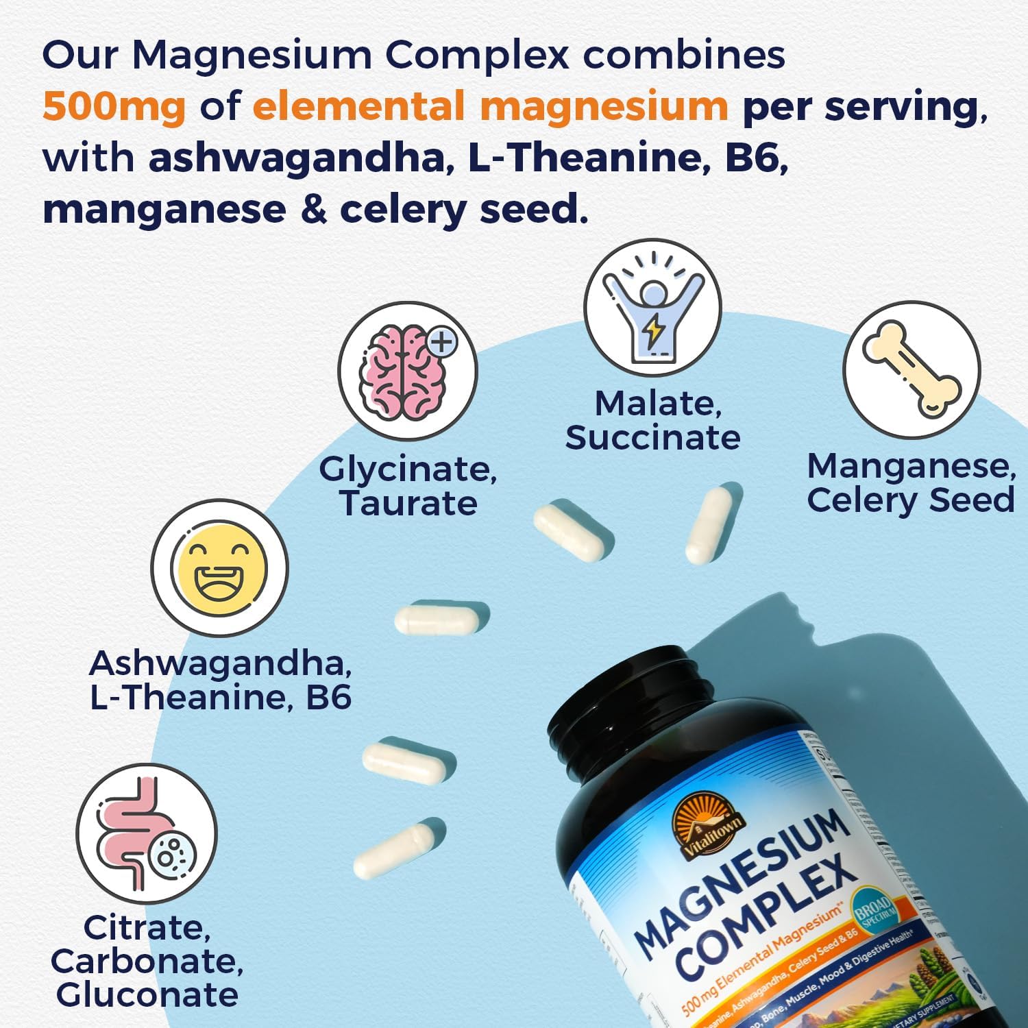 Vitalitown Magnesium Complex bottle label clearly lists elemental magnesium and ingredients.
