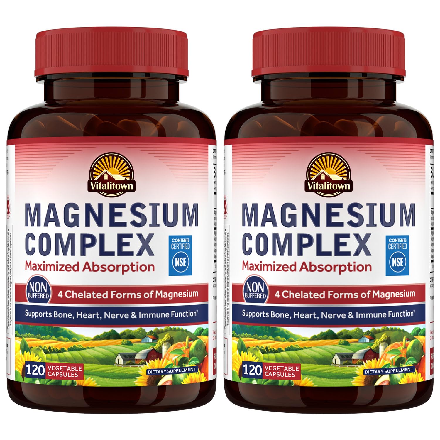 Vitalitown Magnesium Complex bottle highlighting four chelated forms for absorption.