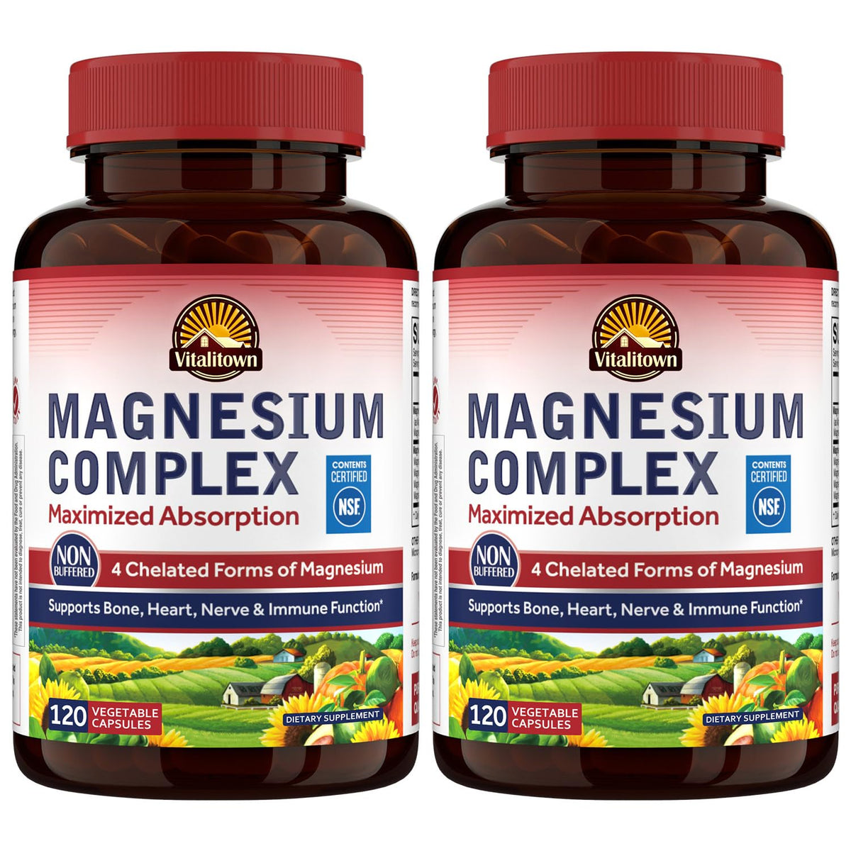 Vitalitown Magnesium Complex bottle highlighting four chelated forms for absorption.
