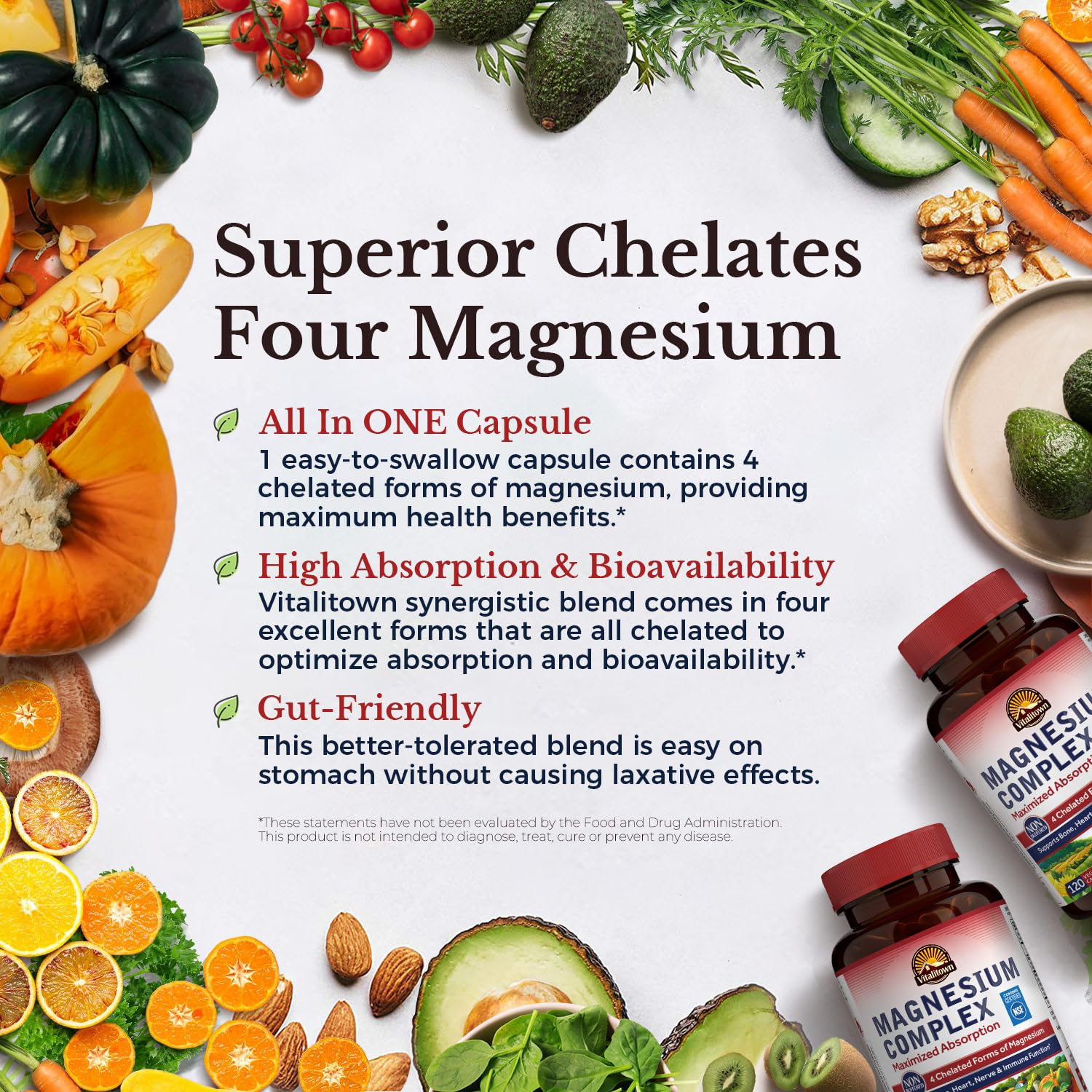Vitalitown Magnesium Complex capsules closeup shows vegan chelated capsules.