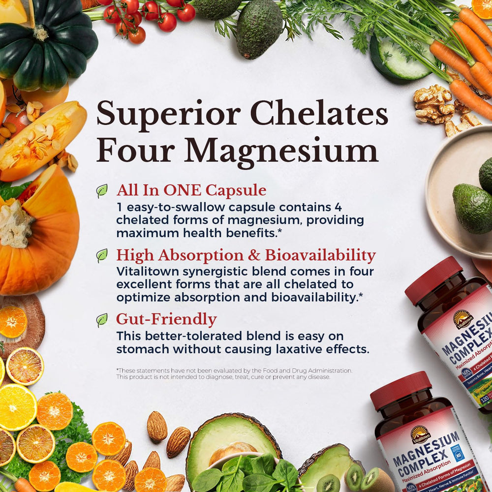 Vitalitown Magnesium Complex capsules closeup shows vegan chelated capsules.