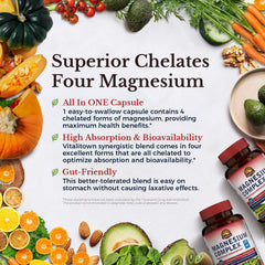 Vitalitown Magnesium Complex capsules closeup shows vegan chelated capsules.