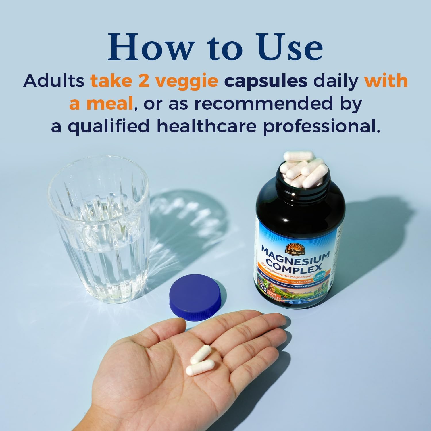 Vitalitown Magnesium Complex 10x celery seed extract illustration suggests bone support.