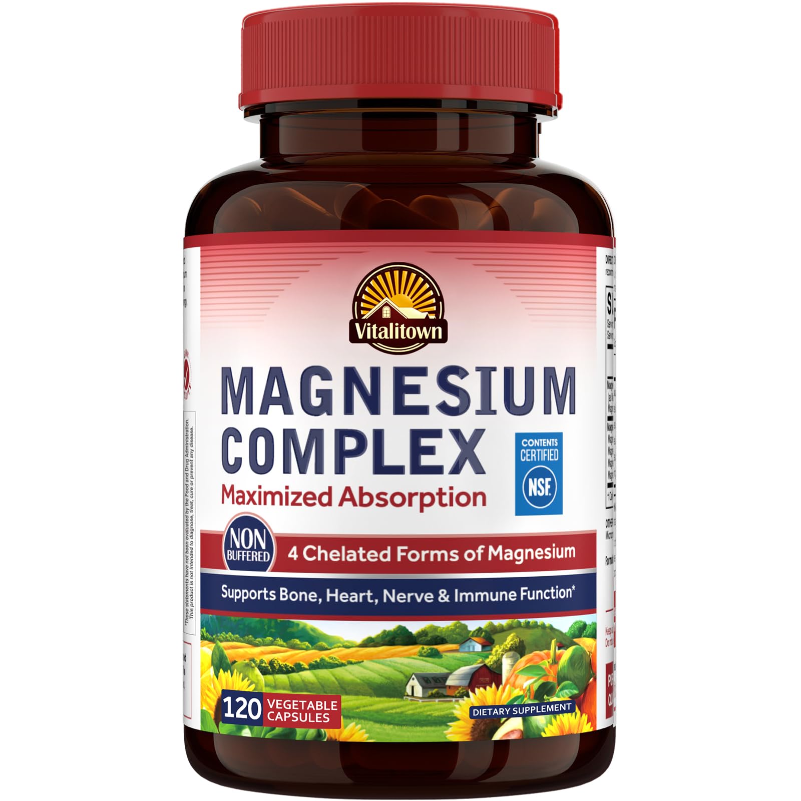 Vitalitown Magnesium Complex bottle displaying four chelated forms for enhanced absorption.