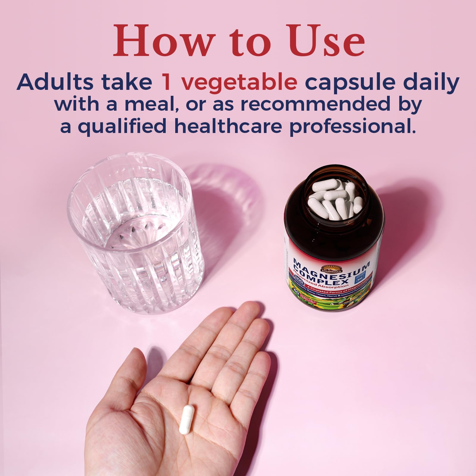 Vitalitown Magnesium Complex packaging labeled USA-made quality