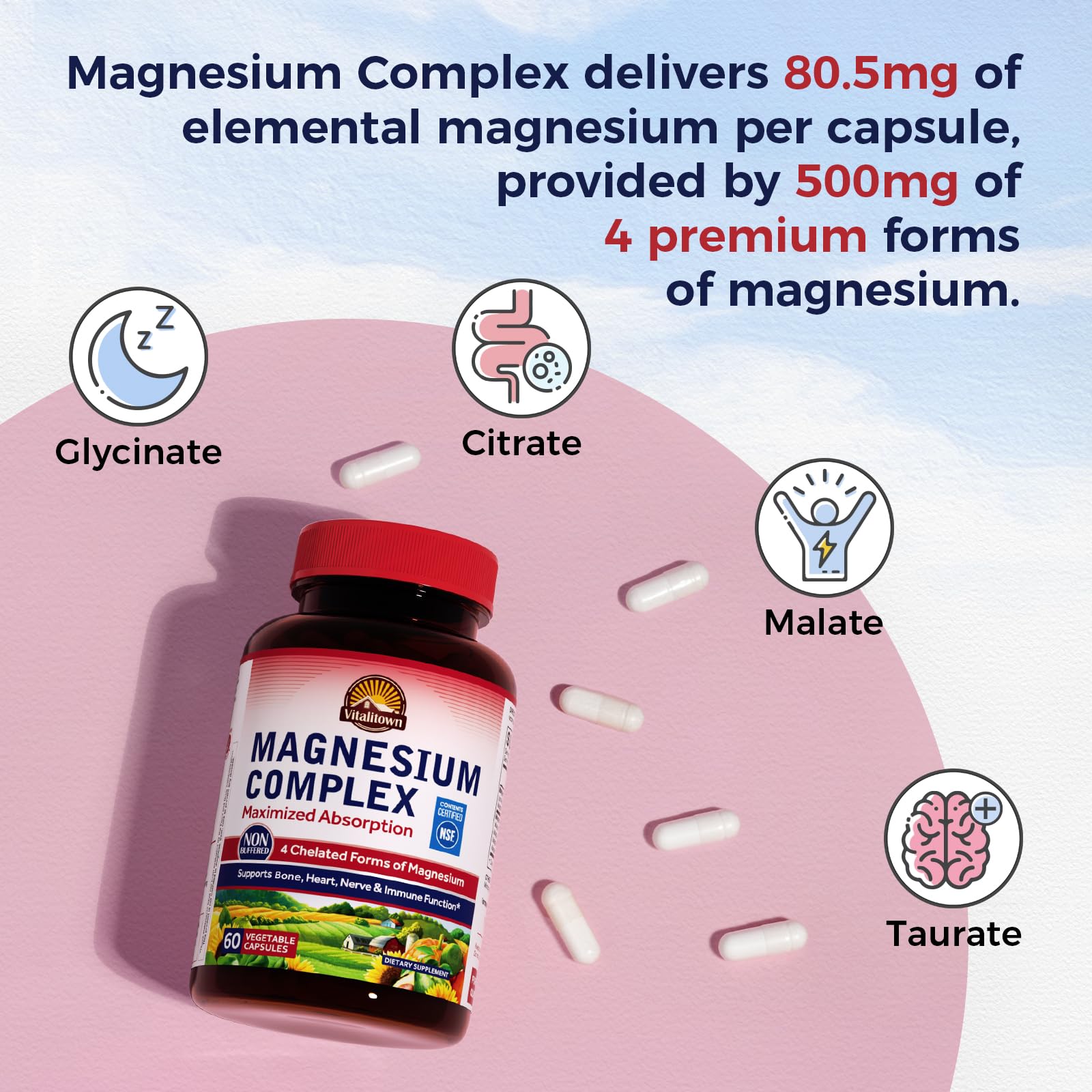 Vitalitown magnesium glycinate capsules for smoother energy support and relaxation.