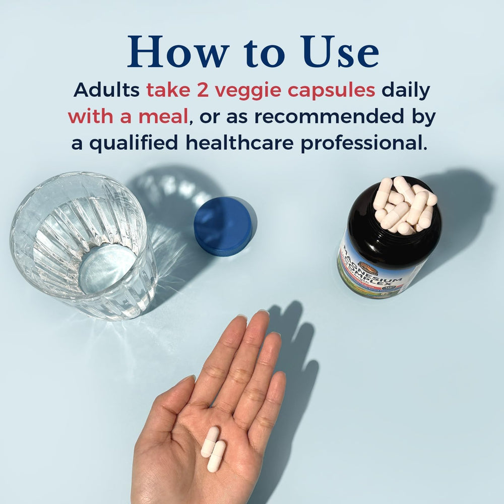 Vegan, Non-GMO seal beside Vitalitown Magnesium Complex bottle.