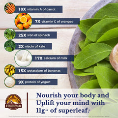 Vitalitown moringa packaging emphasizes no sticks or caffeine in each serving.