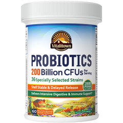 Vitalitown Probiotics 200 Billion CFUs bottle highlights high potency for gut balance.