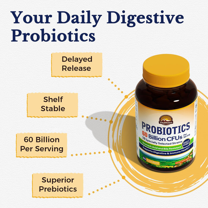 Vitalitown Probiotics capsules close-up, highlighting delayed-release gut delivery.