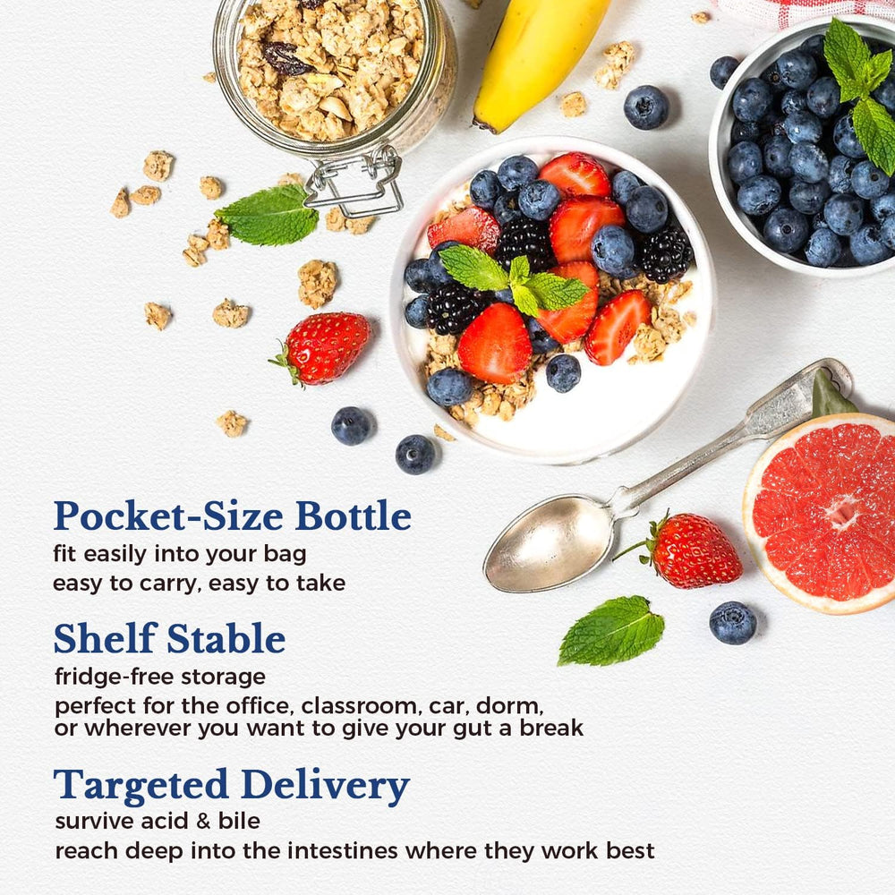 Vitalitown probiotics shelf-stable bottle ensures convenient storage without refrigeration.