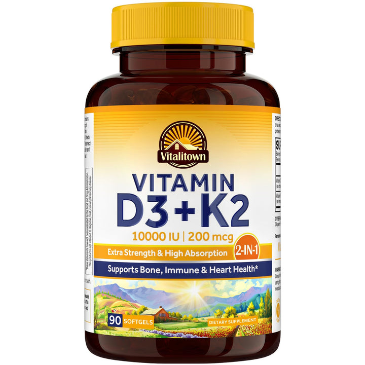 Vitalitown Vitamin D3 K2 softgel bottle for daily bone and immune support.