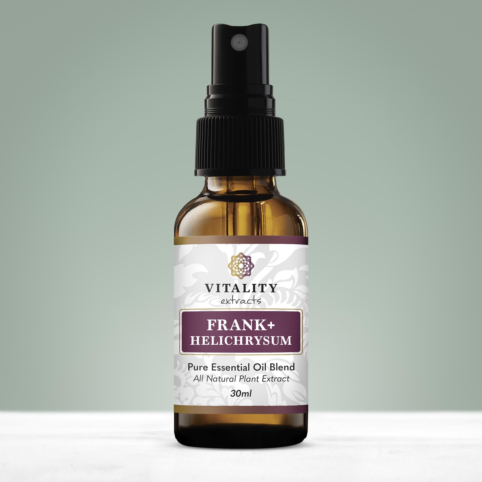 Vitality Frankincense and Helichrysum spray bottle label highlights clean vegan ingredients
