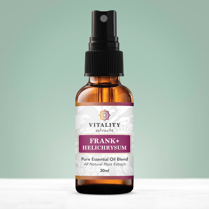 Vitality Frankincense and Helichrysum spray bottle label highlights clean vegan ingredients