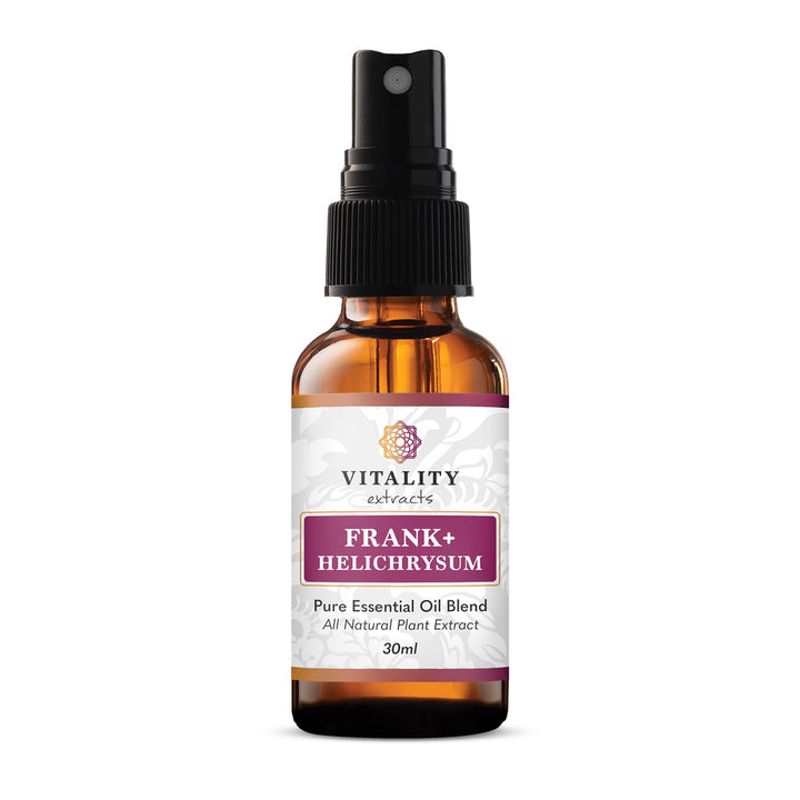 Vitality Frankincense and Helichrysum spray bottle pour releasing a soothing, grounding aroma
