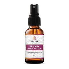 Vitality Frankincense and Helichrysum spray bottle pour releasing a soothing, grounding aroma