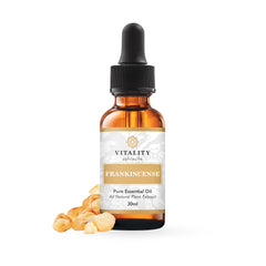 Vitality Frankincense Oil bottle for calming ambience and skincare.