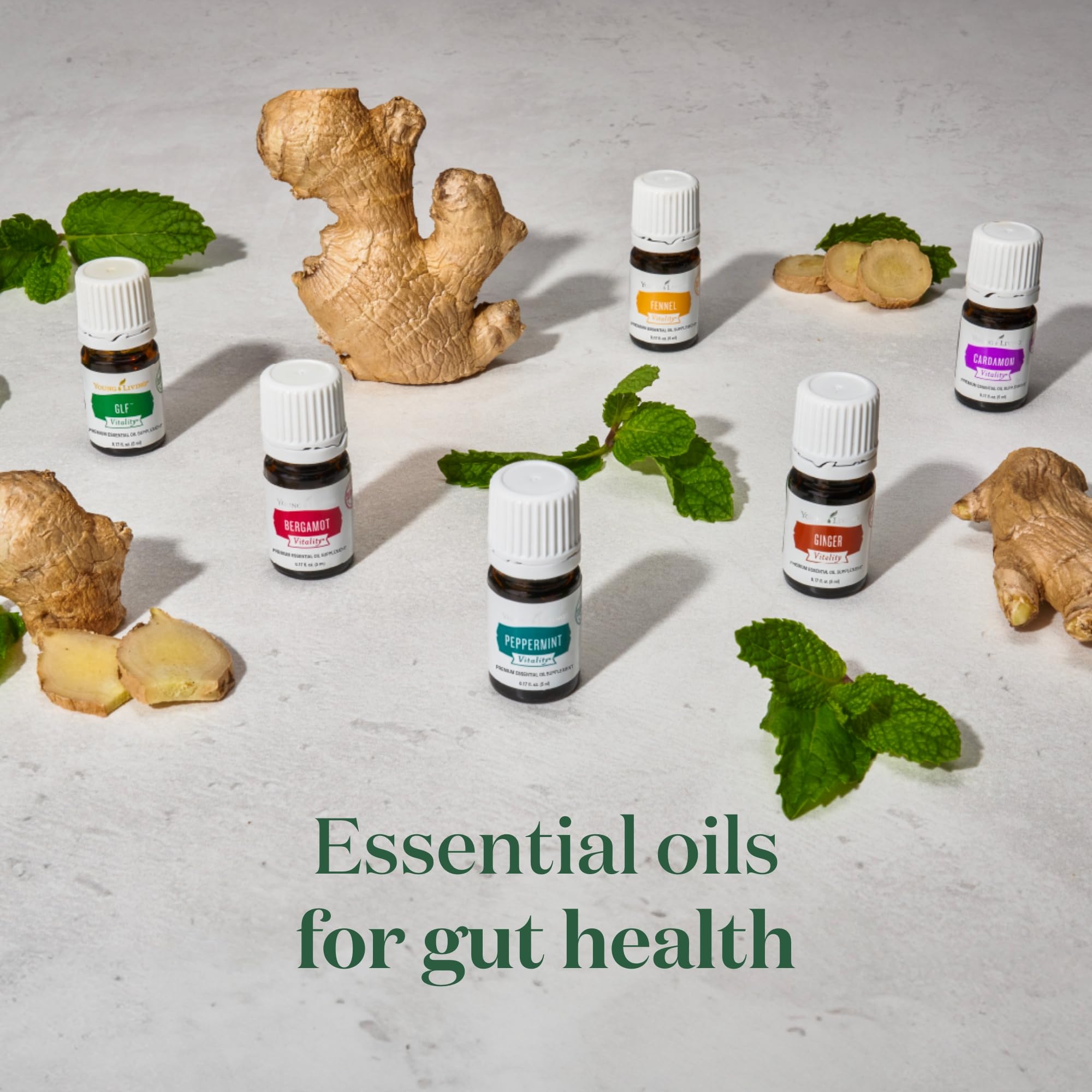 Vitality Peppermint bottle in lifestyle setting beside dessert