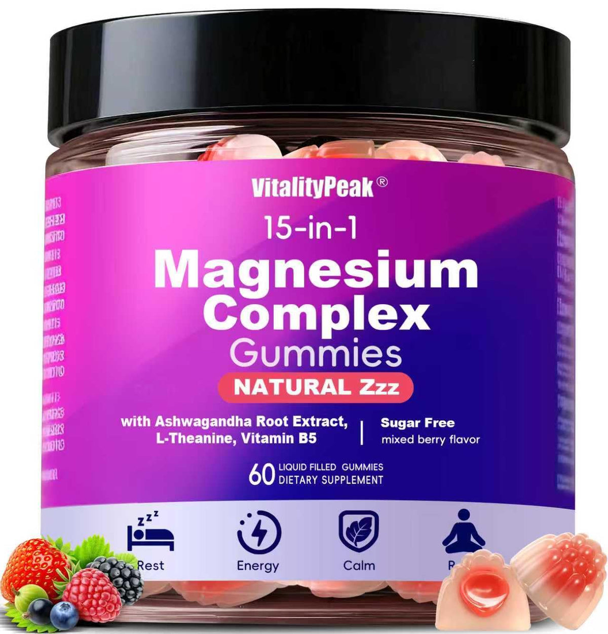 VitalityPeak 15in1 magnesium gummies bottle for bedtime calm and rest
