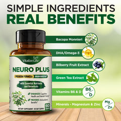 Vitalize Life Neuro Plus capsules close-up shows small, easy-to-swallow tablets for everyday use.