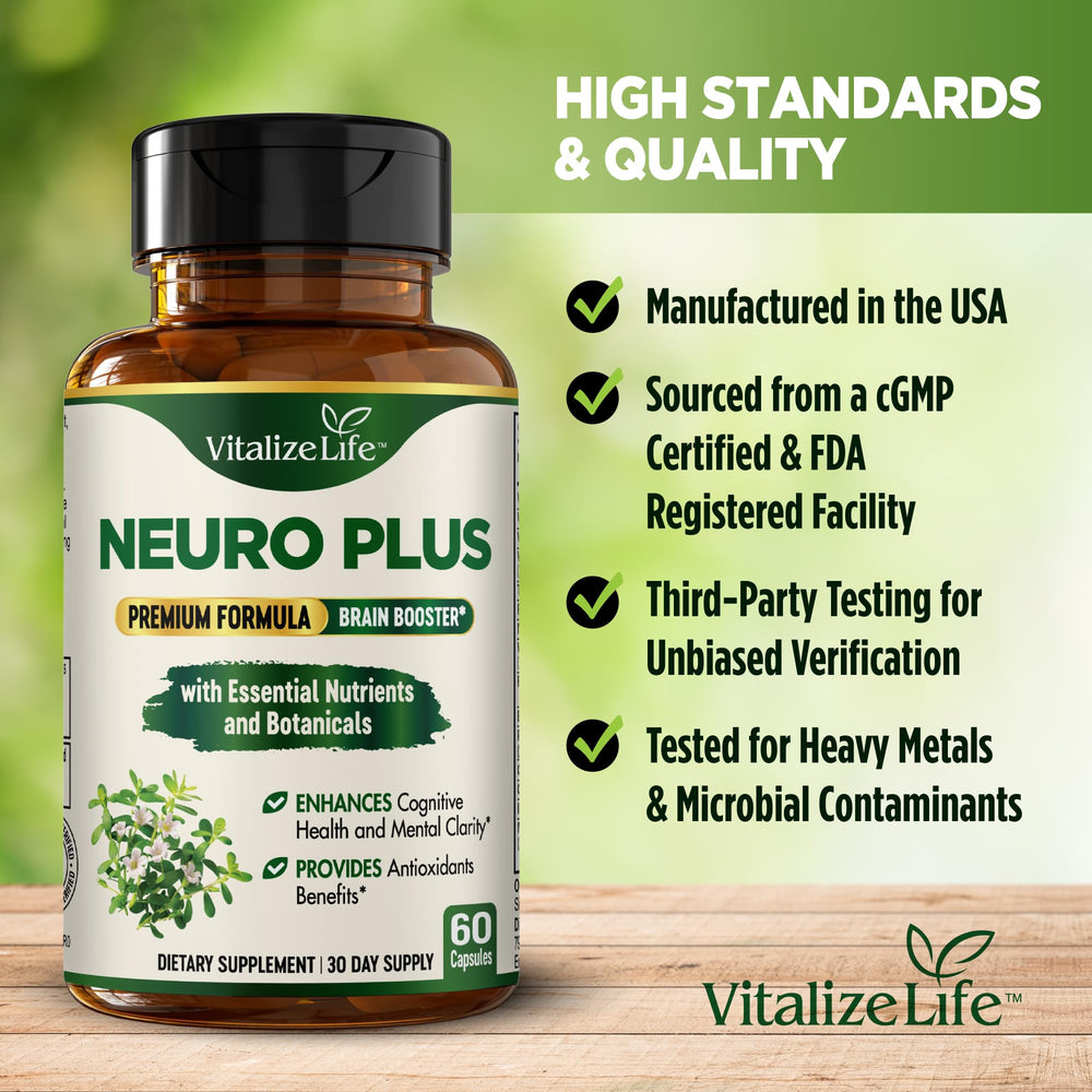 Vitalize Life Neuro Plus daily use scene suggests sustained mental clarity during work or study.