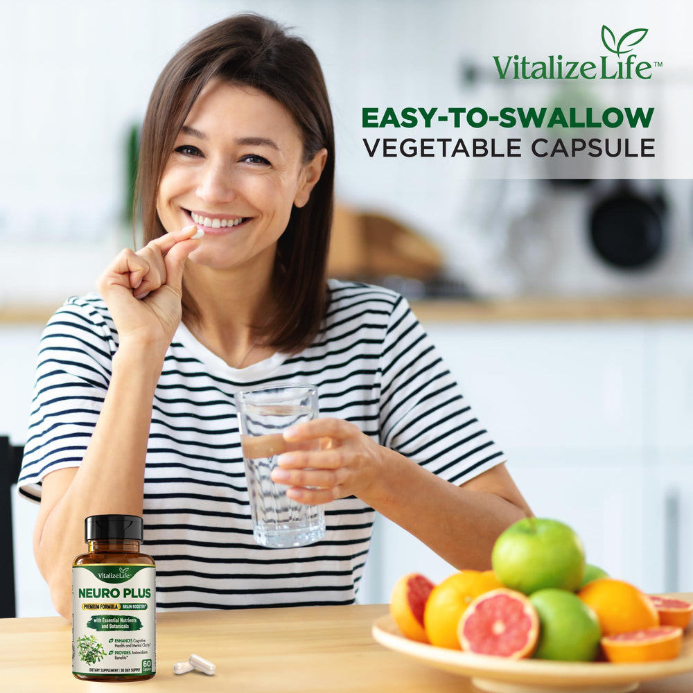 Vitalize Life Neuro Plus hands holding bottle signals portability for on-the-go routines.
