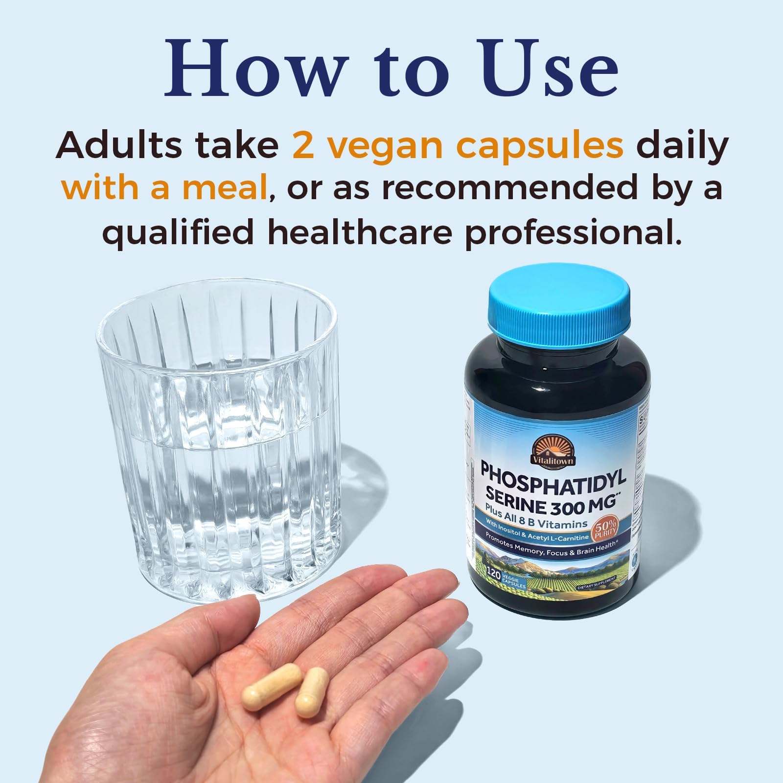 Vitalitown vegan capsule pack with clear labeling.