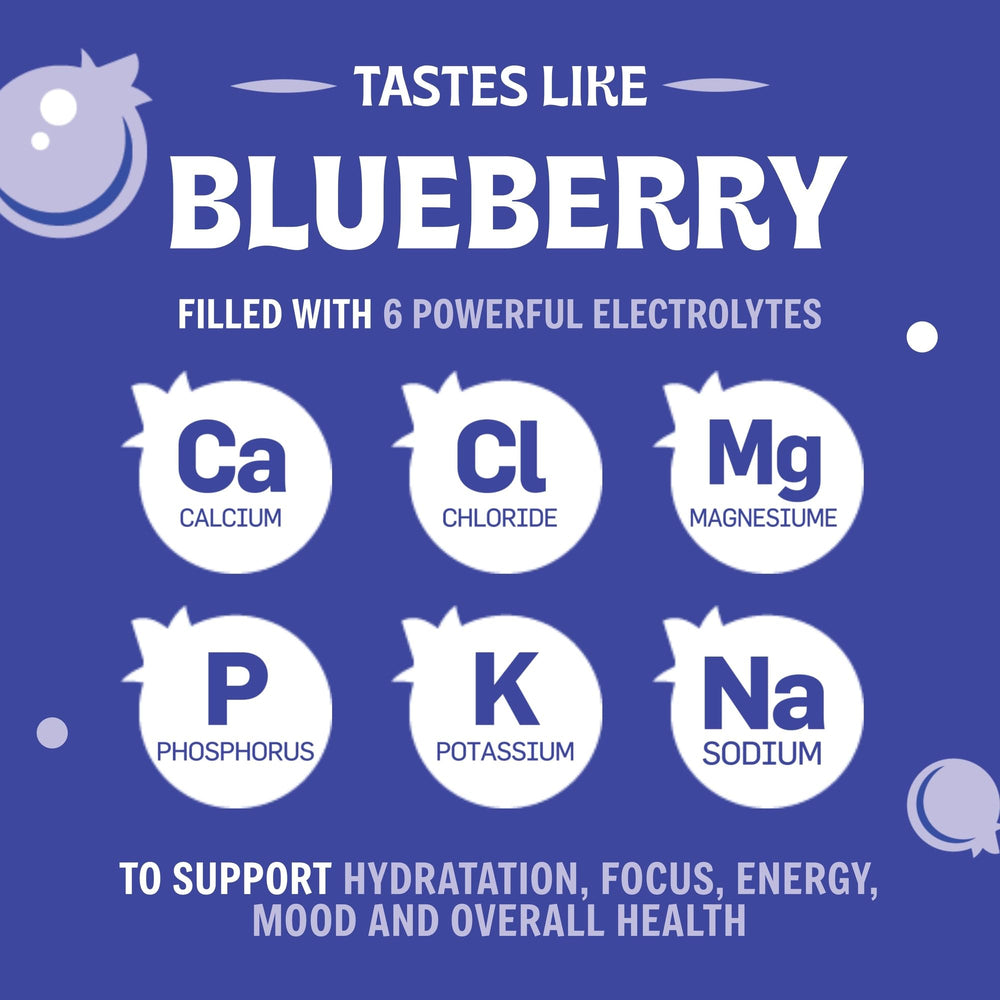 Vitalogix Naturals Blueberry Hydration Powder dissolving in water for refreshing electrolyte balance.