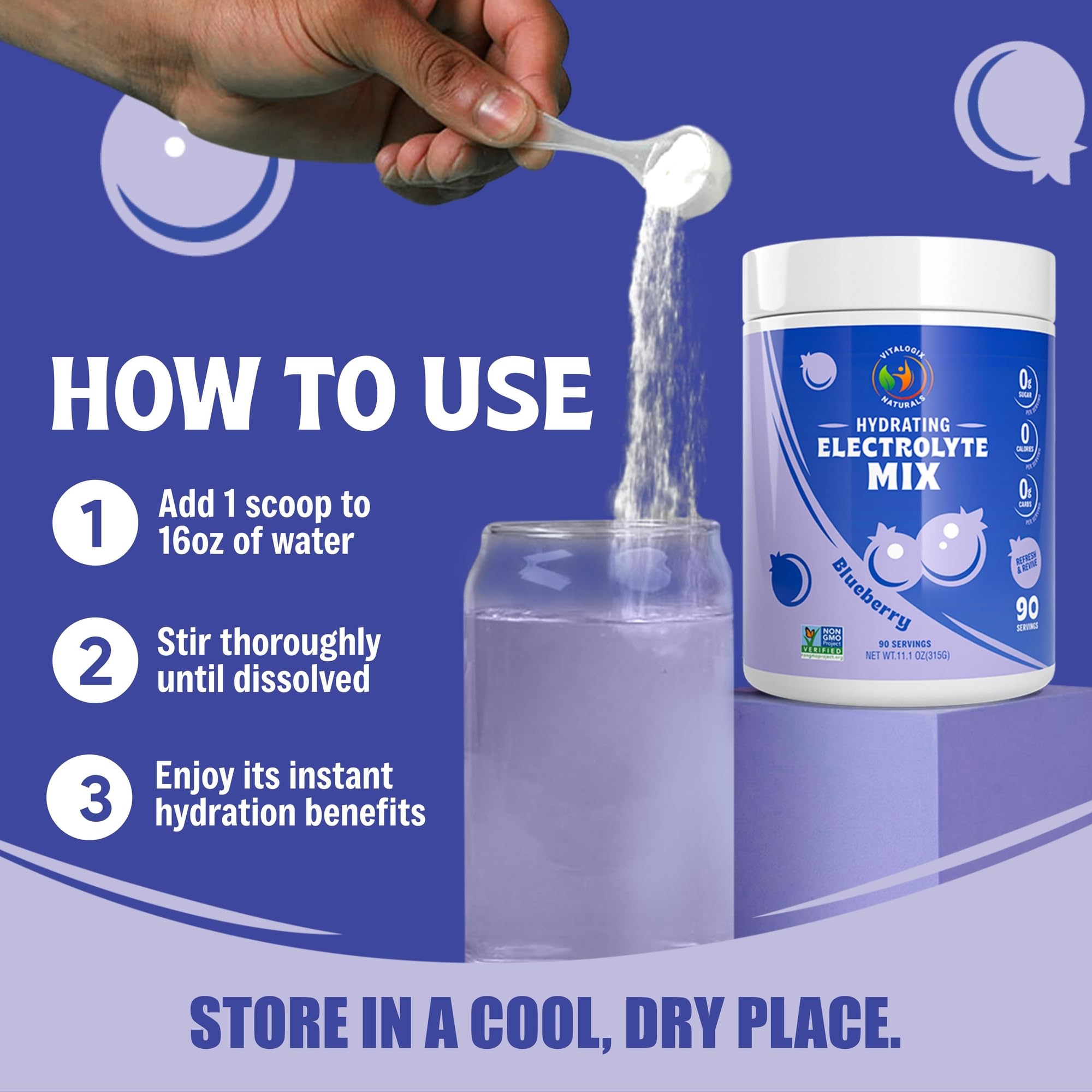 Vitalogix Naturals Blueberry Hydration Powder mixing into water for on-the-go hydration.