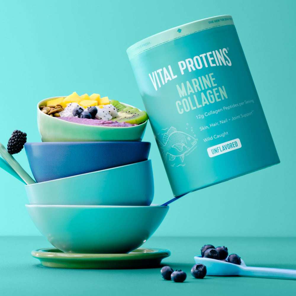 Vital Proteins Marine Collagen Peptides scoop beside the canister enables easy measurement.