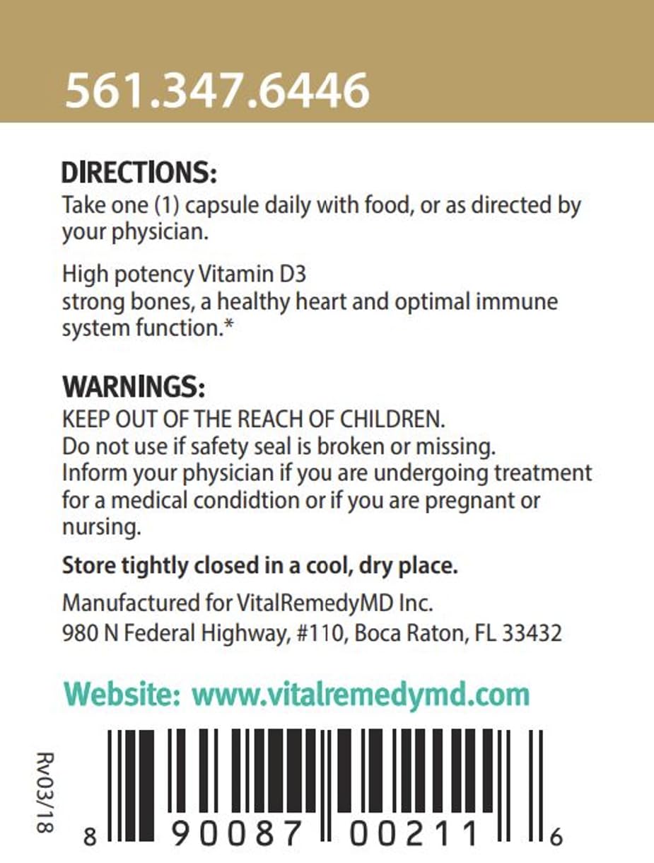 VitalRemedyMD Vitamin D3 3-month supply packaging shown for steady daily use