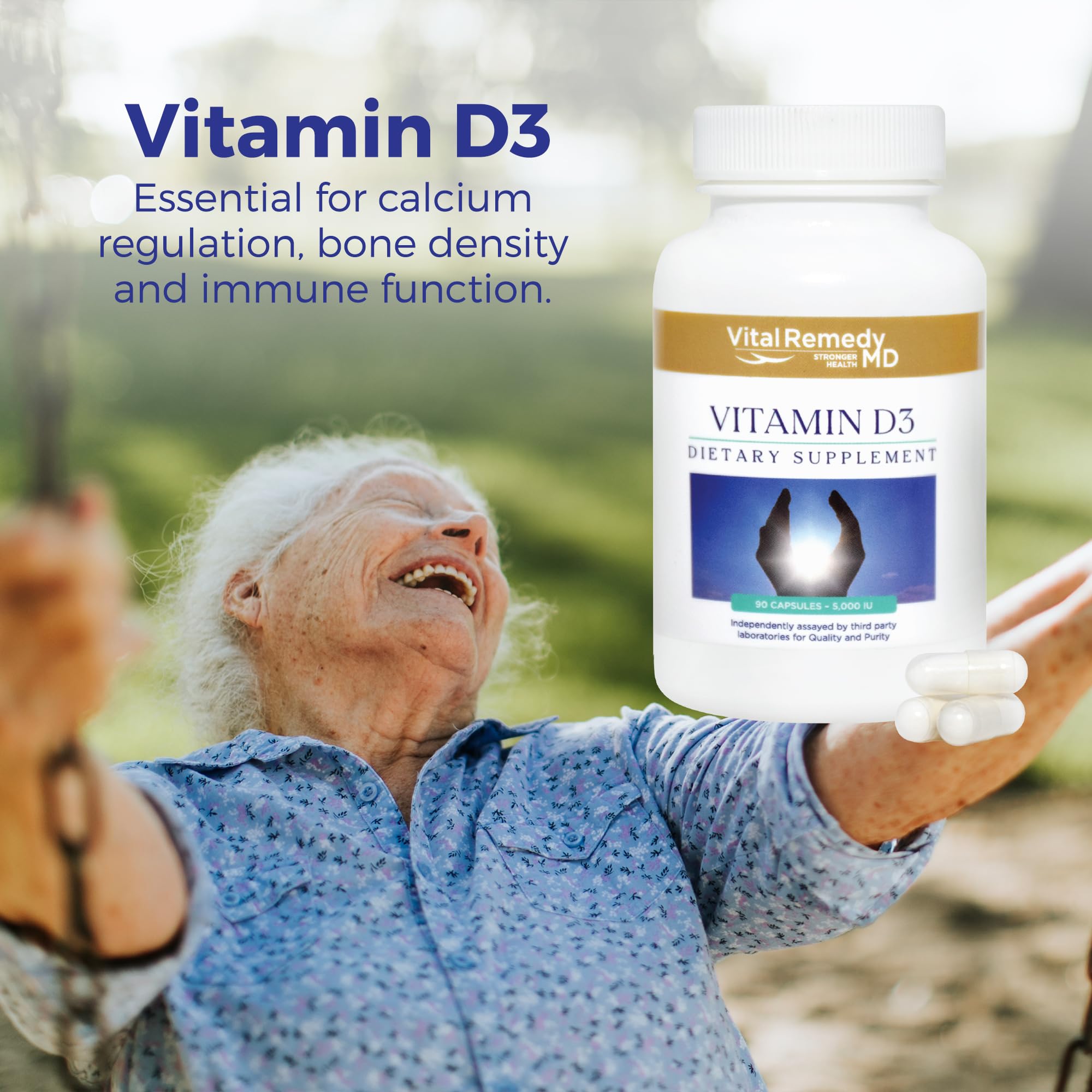 VitalRemedyMD Vitamin D3 label graphic shows vegan and gluten-free ingredients