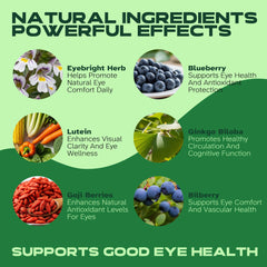 Vitalumina Eyebright liquid bottle beside a glass of water for easy use.